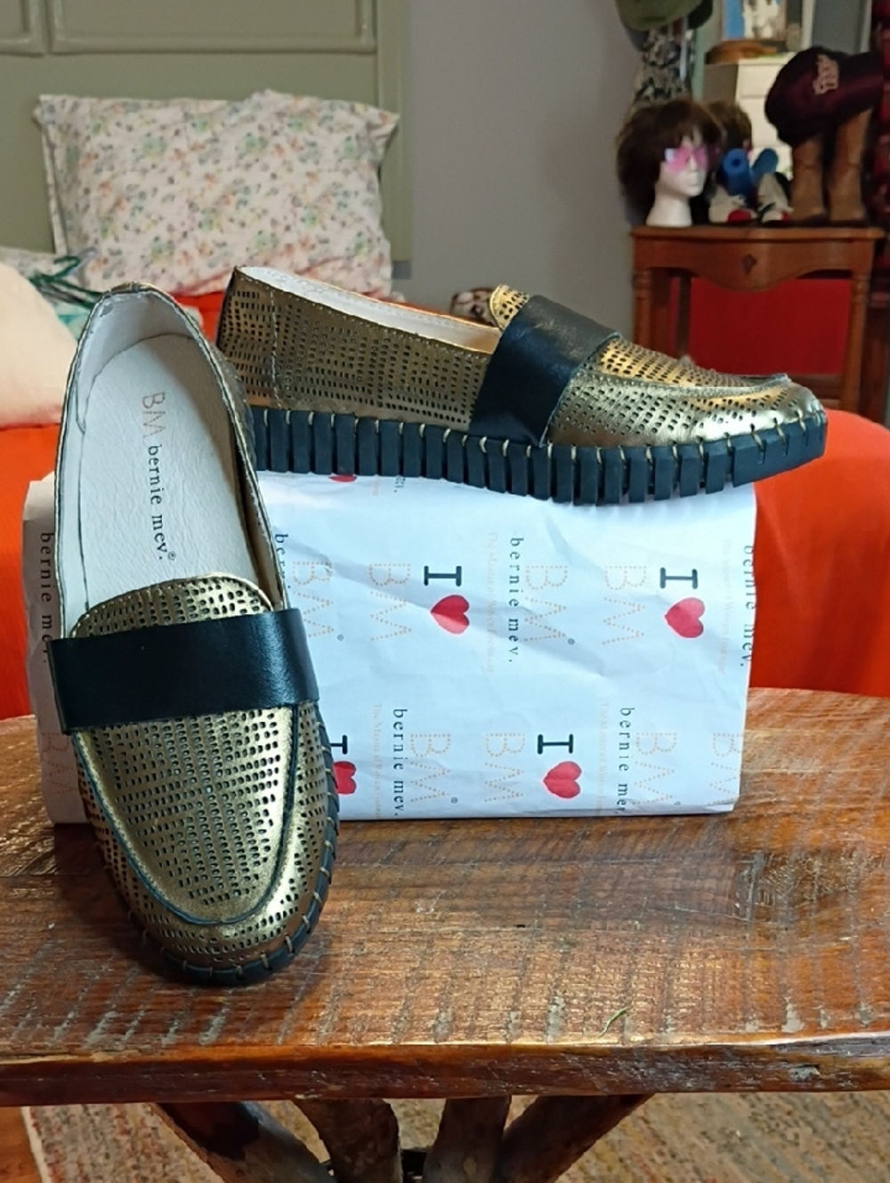 Bernie Mev Metallic Bronze Perforated Slip-On Loafers with Black Band TW74